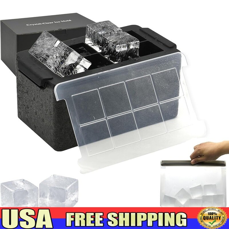 Clear Ice Maker Silicone Mold 8 Large Square Cubes Whiskey Cocktail Storage Bag