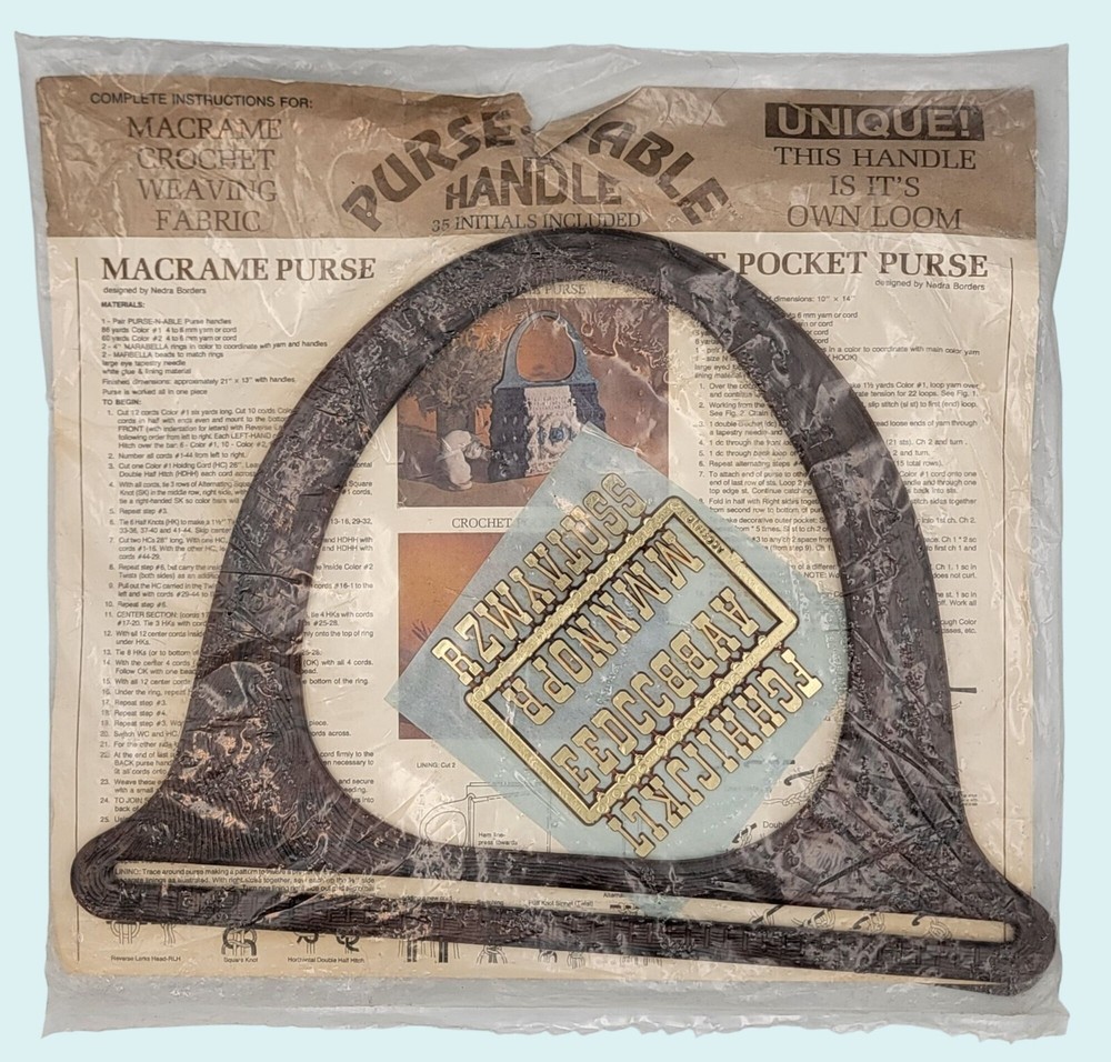 Vintage Purse N Able Macrame Purse Handle & Instructions Set With 35 Initials