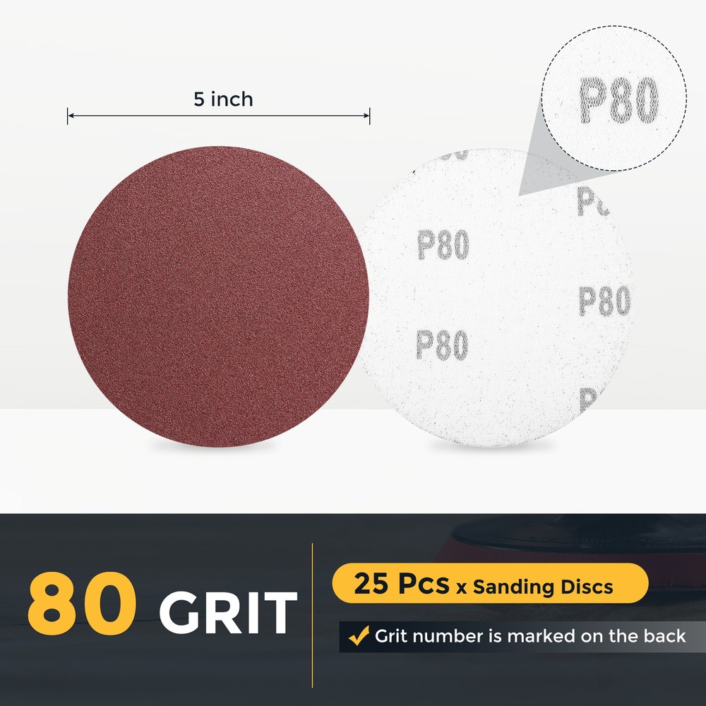 25 Pcs 5 Inch Sanding Disc 80 Grit Hook and Loop Sandpaper