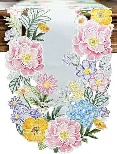 Floral Spring Table Runner 13x72inch, Flower Cutwork Embroidered Table Runner
