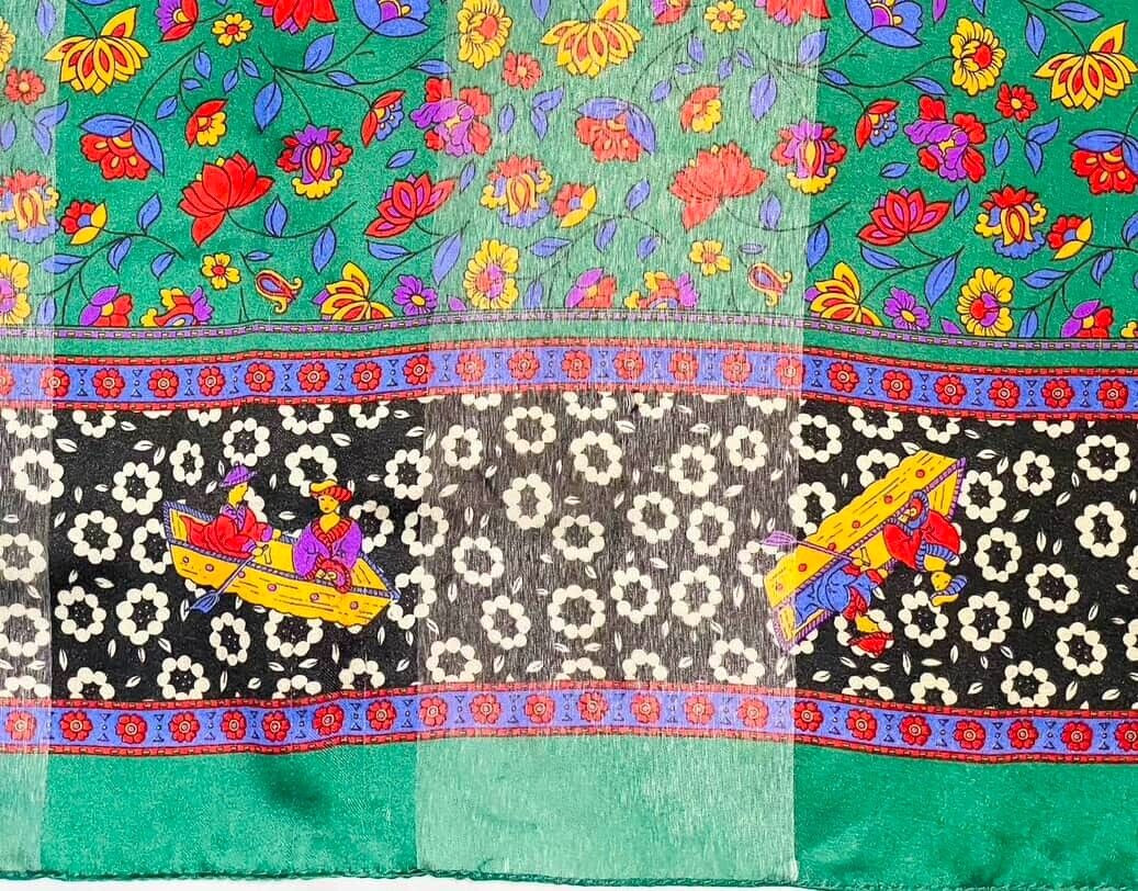VTG Italy Square Scarf Asian Motif Couple in Boat Lotus Flowers Green 31x31"