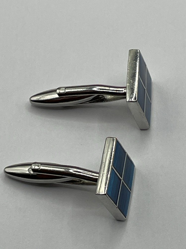 Cufflinks, Silver Tone & Mid Blue Square Front, Bullet Back