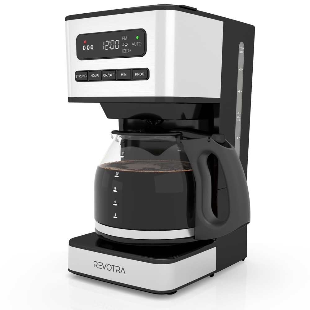 REVOTRA 12-Cup Programmable Coffee Maker, Regular & 12 Cup, Silver/Black