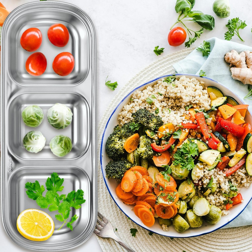 2pcs Metal Dish Dipping with 3 Rectangular Compartment Divided Silver