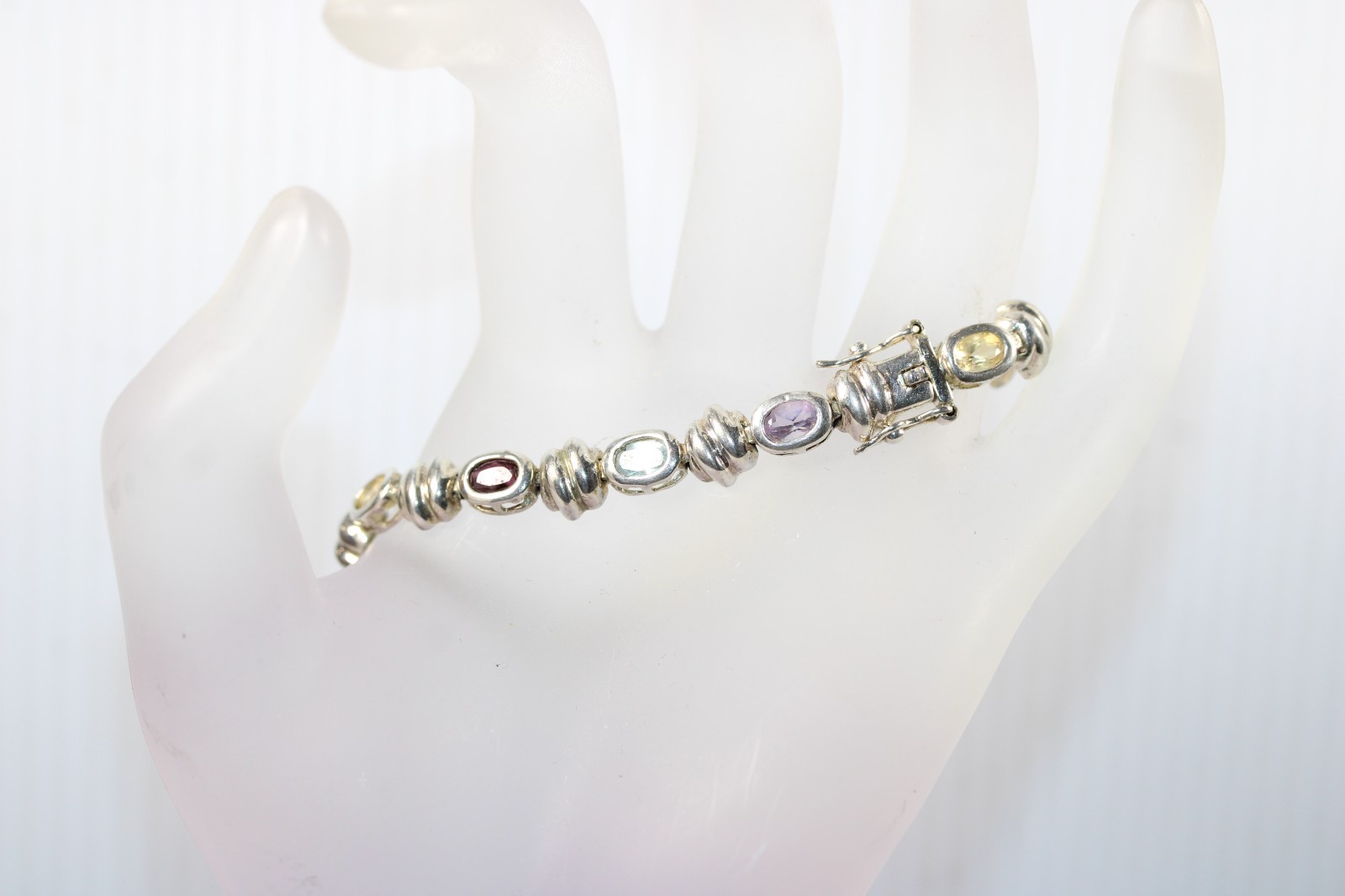 FAS Bracelet Multi Gemstone Tennis Vintage Sterling Silver 7" Chain #0085