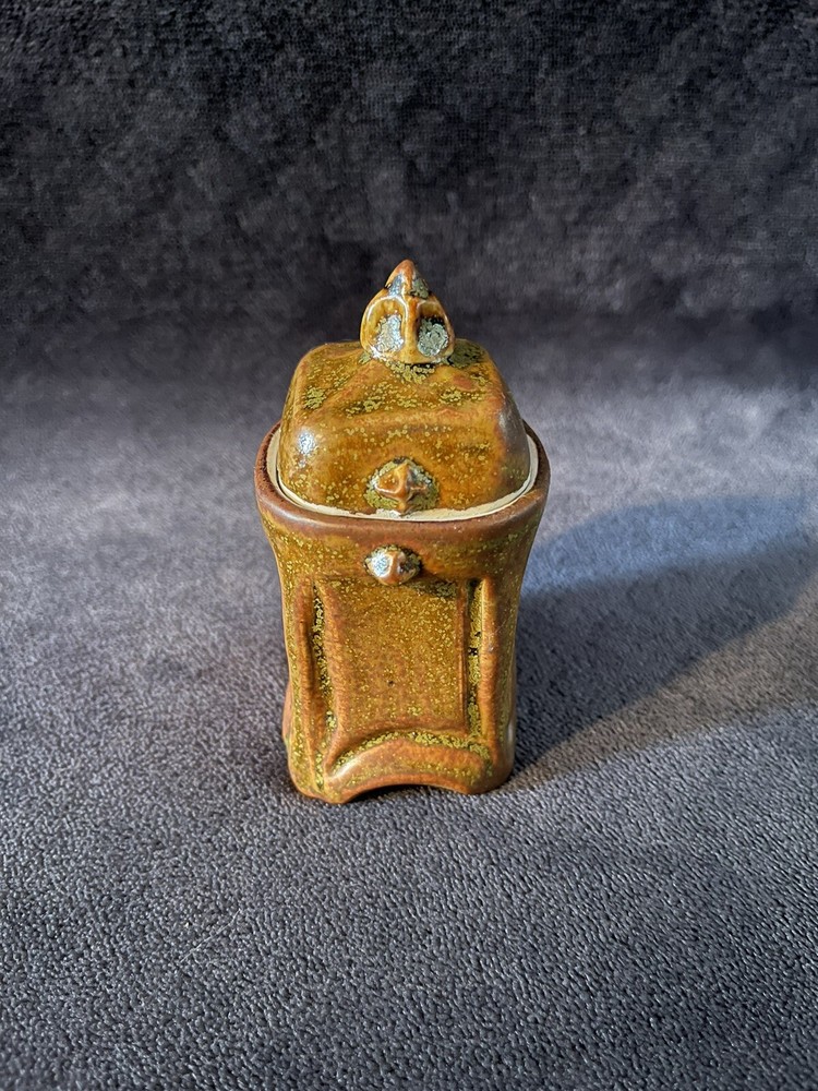 Japanese Style Studio Pottery Organic Ash Glazed Small Footed Container SIGNED