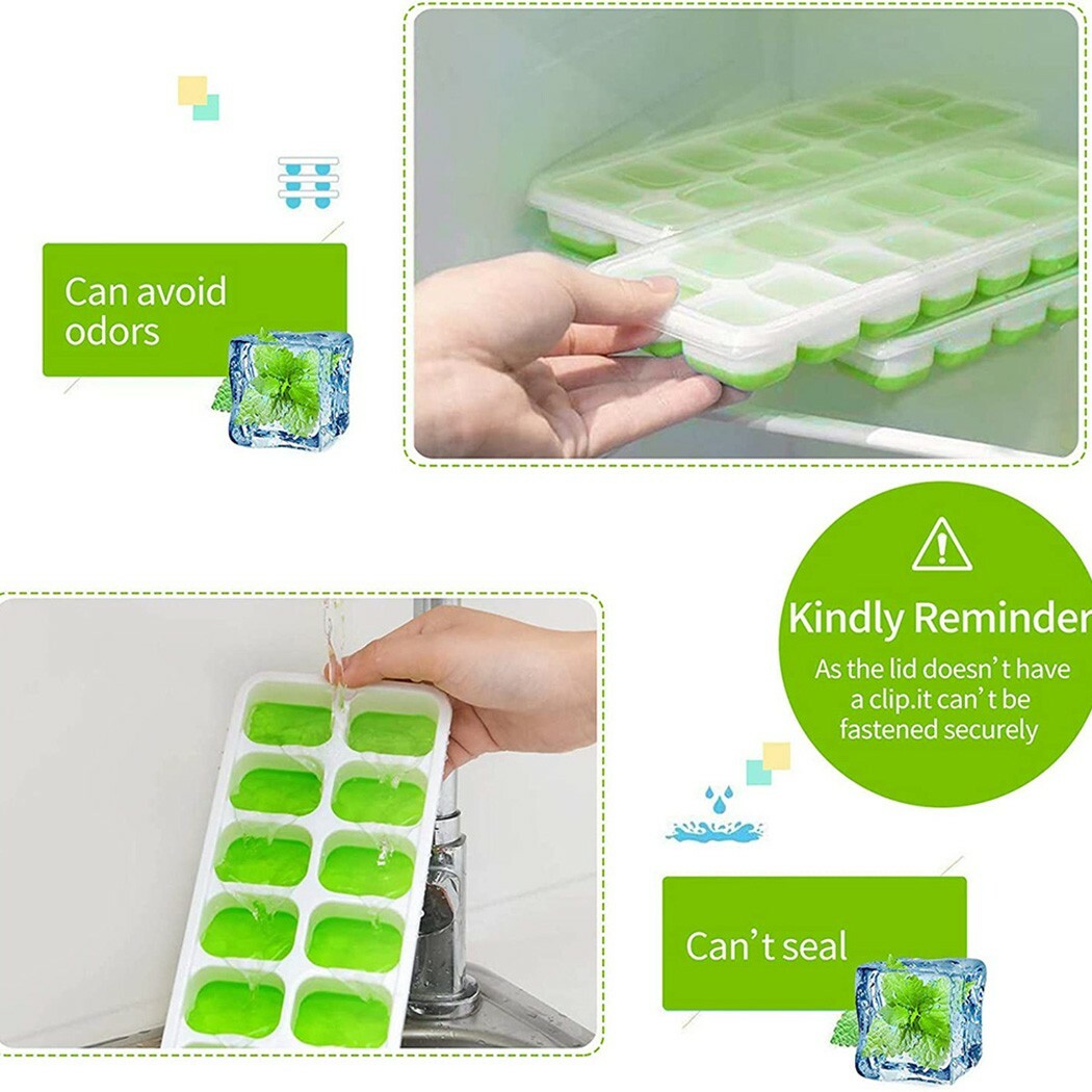Ice Cube Tray, 4 Pack Silicone Ice Tray, 14 Ice Cube Molds with Lids, Stackable