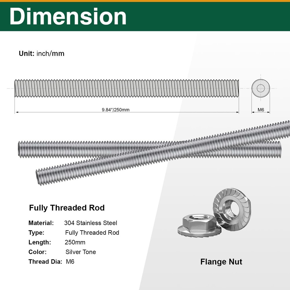 M6-1.0x250mm Fully Threaded Rod Studs, 304 Stainless Hand Threads, 6 Pack