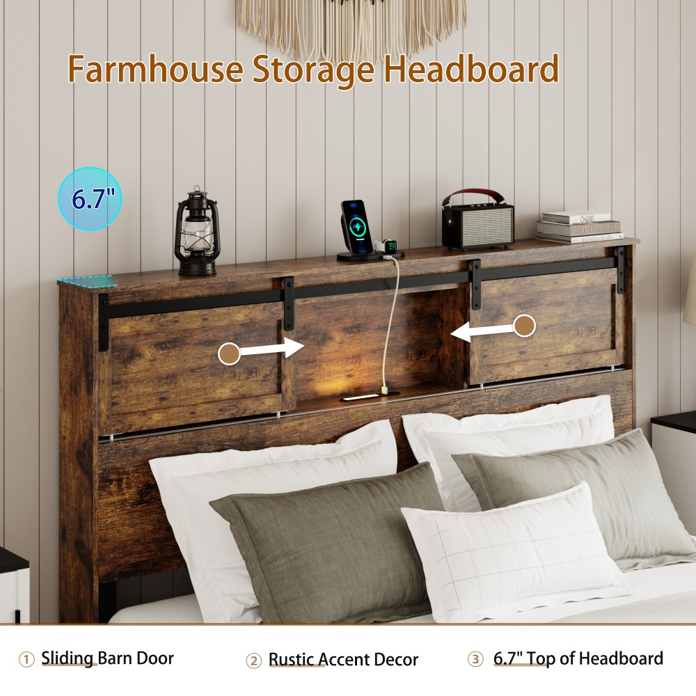 Queen Size Bed Frame w/ USB Headboard & Storage, Dark Brown, Easy Assembly