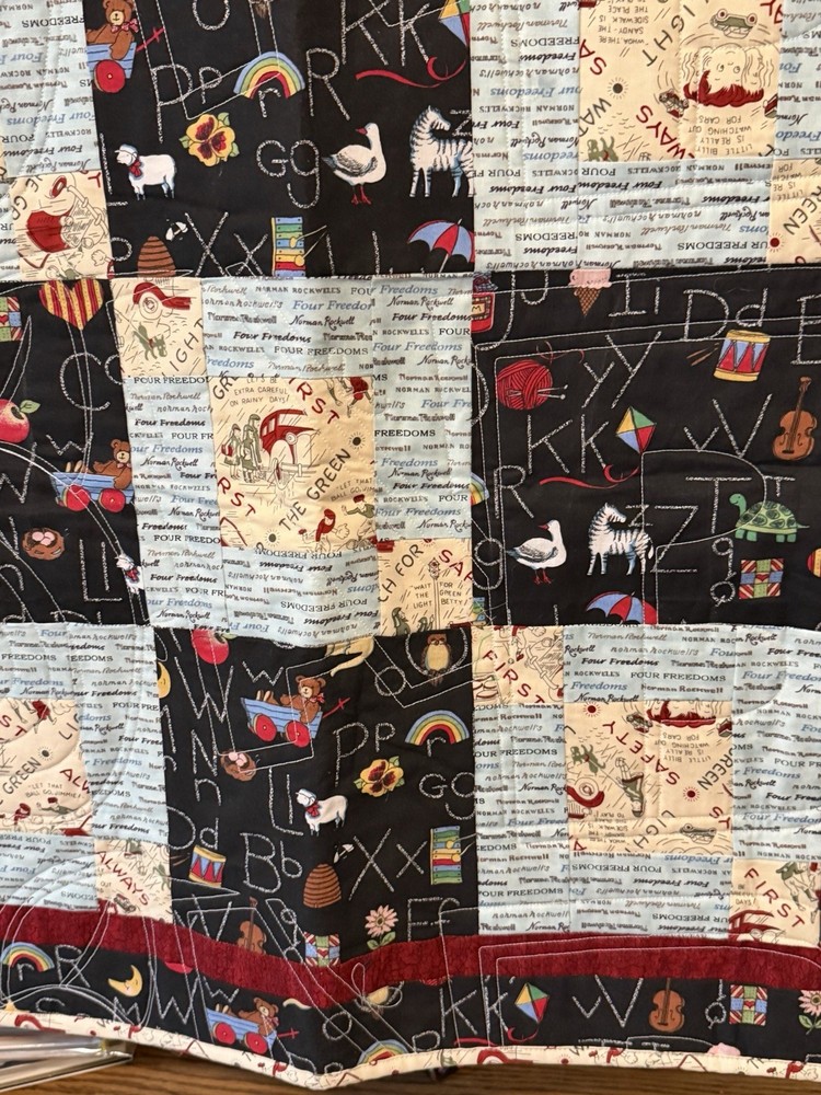New Patchwork Quilt Throw Blanket Handmade Signed Reversible ABCs Cats 57”x42”
