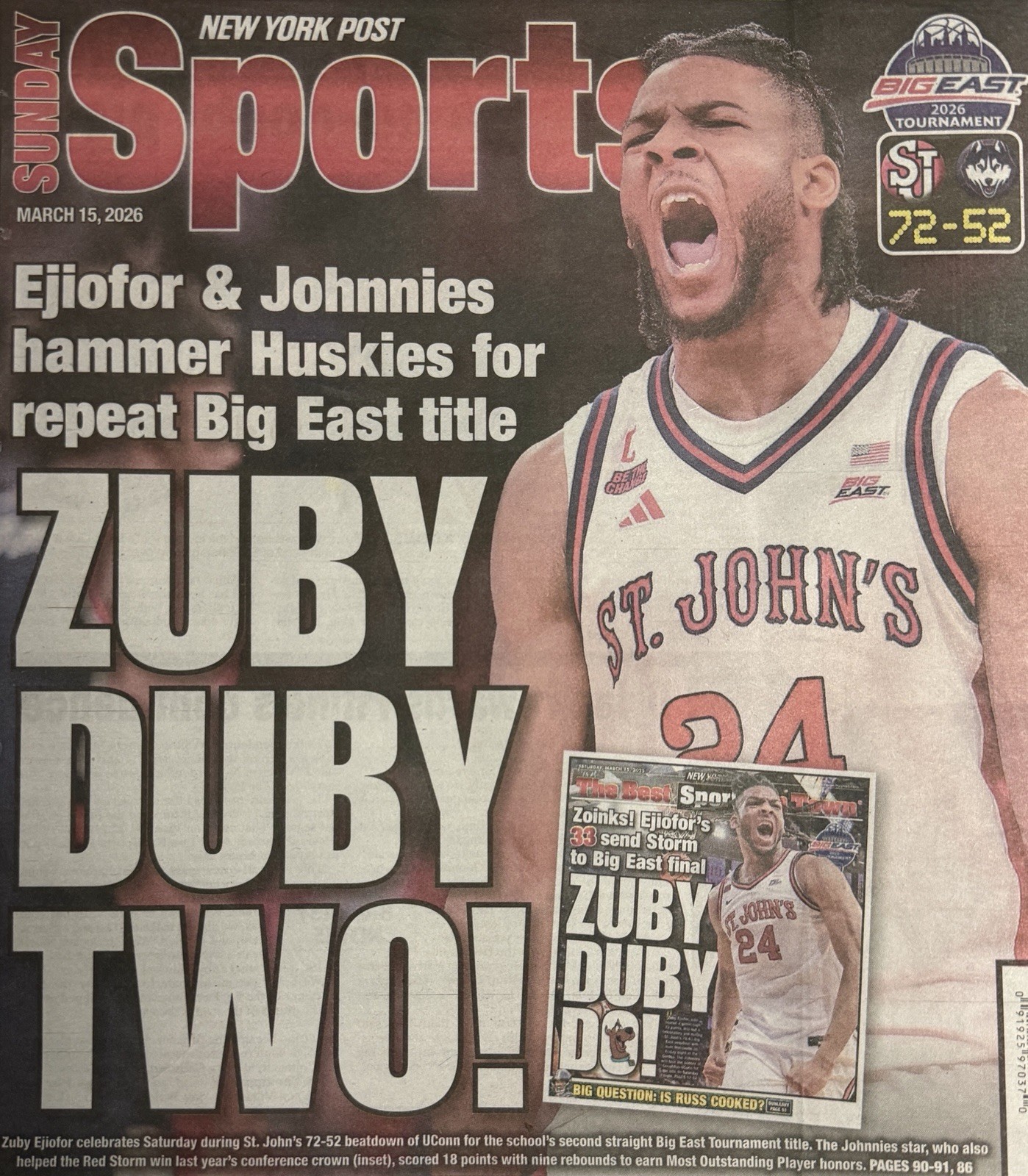 3/15/26 - St. John’s Red Storm - BIG EAST CHAMPS - NY Post Newspaper