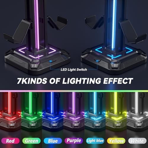 RGB Headset Stand with 9 Light Modes - Controller Holder for Desk - Black