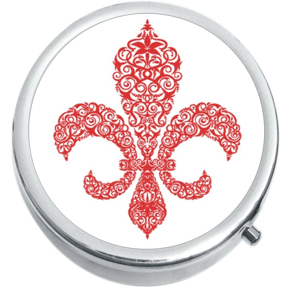 Red Pattern Fleur De Lis Medicine Vitamin Pill Box