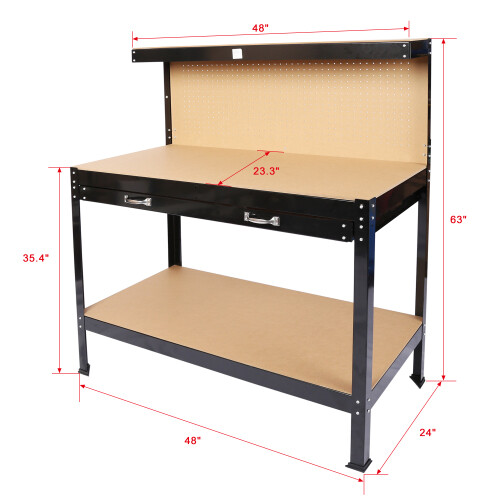Steel Tool Storage Workbench, Hardwood Tools Table black W/Drawer and Peg Board