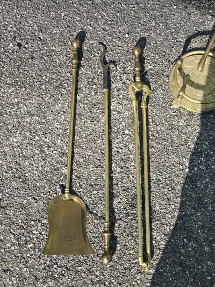 Vintage Solid Brass Fireplace 3 Tools with Stand Set 4x PIECE Round Claw Footed