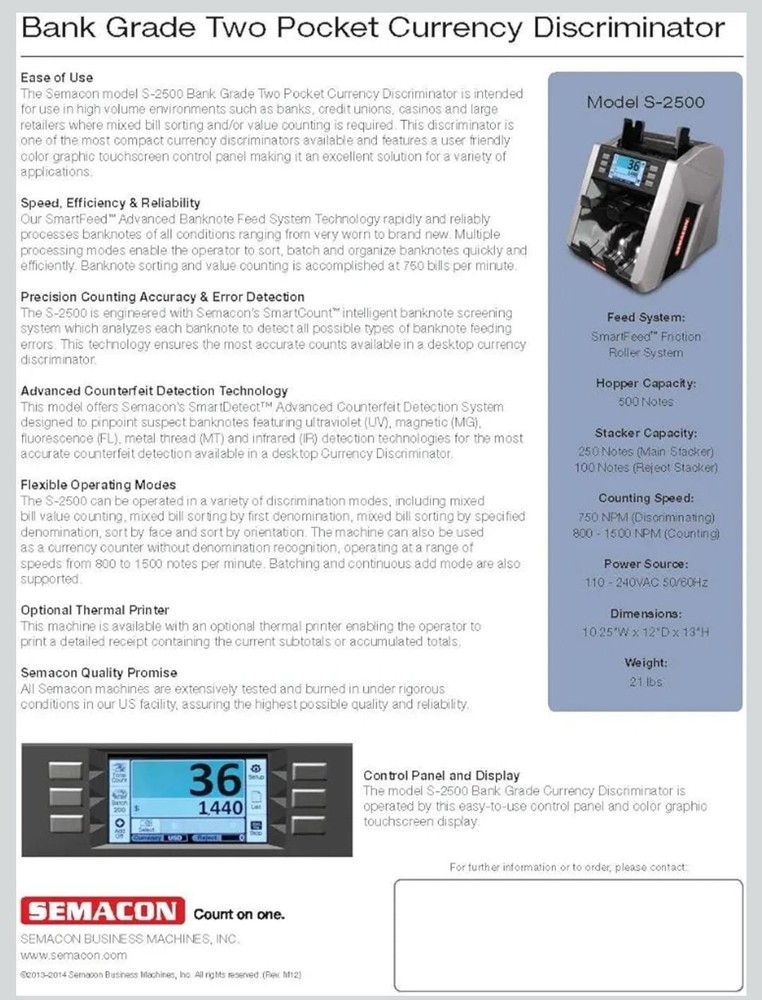 Semacon S-2500 Bill Counter Portable Two Pocket Advanced Counterfeit Detection