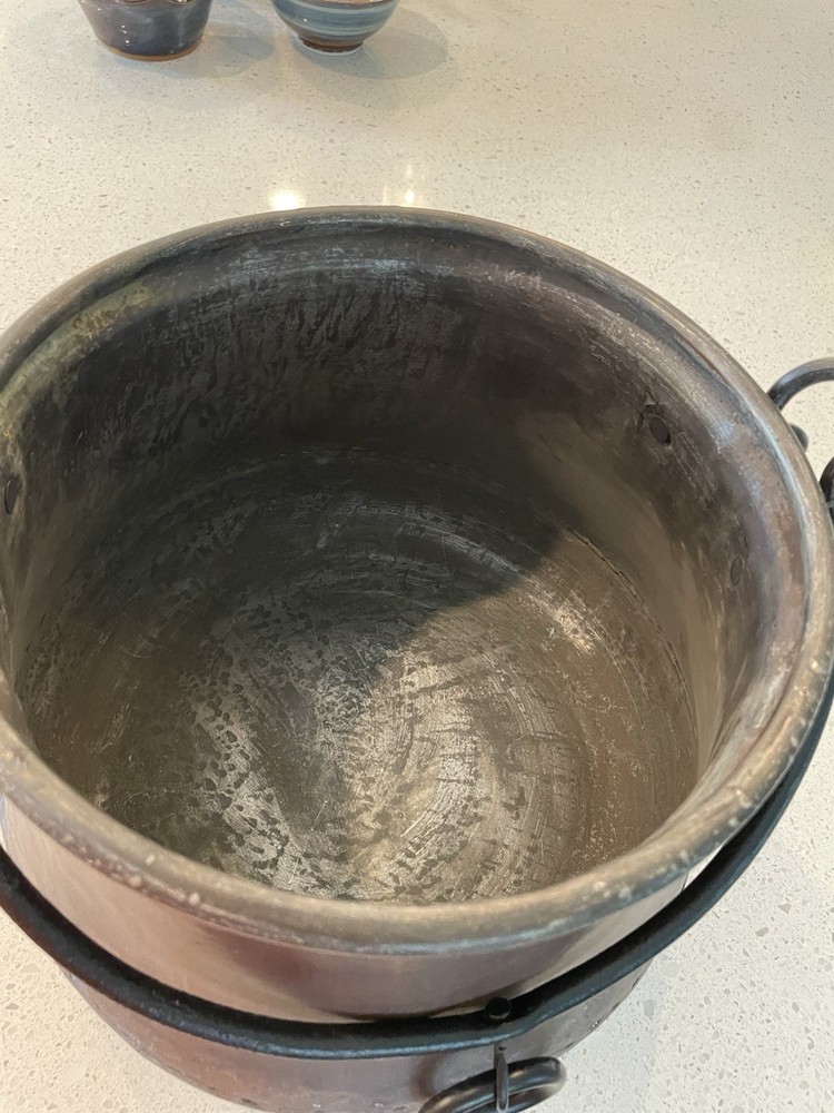 Large Primitive Copper Cauldron Kettle Pot w/ Iron Bail Rings Dovetail