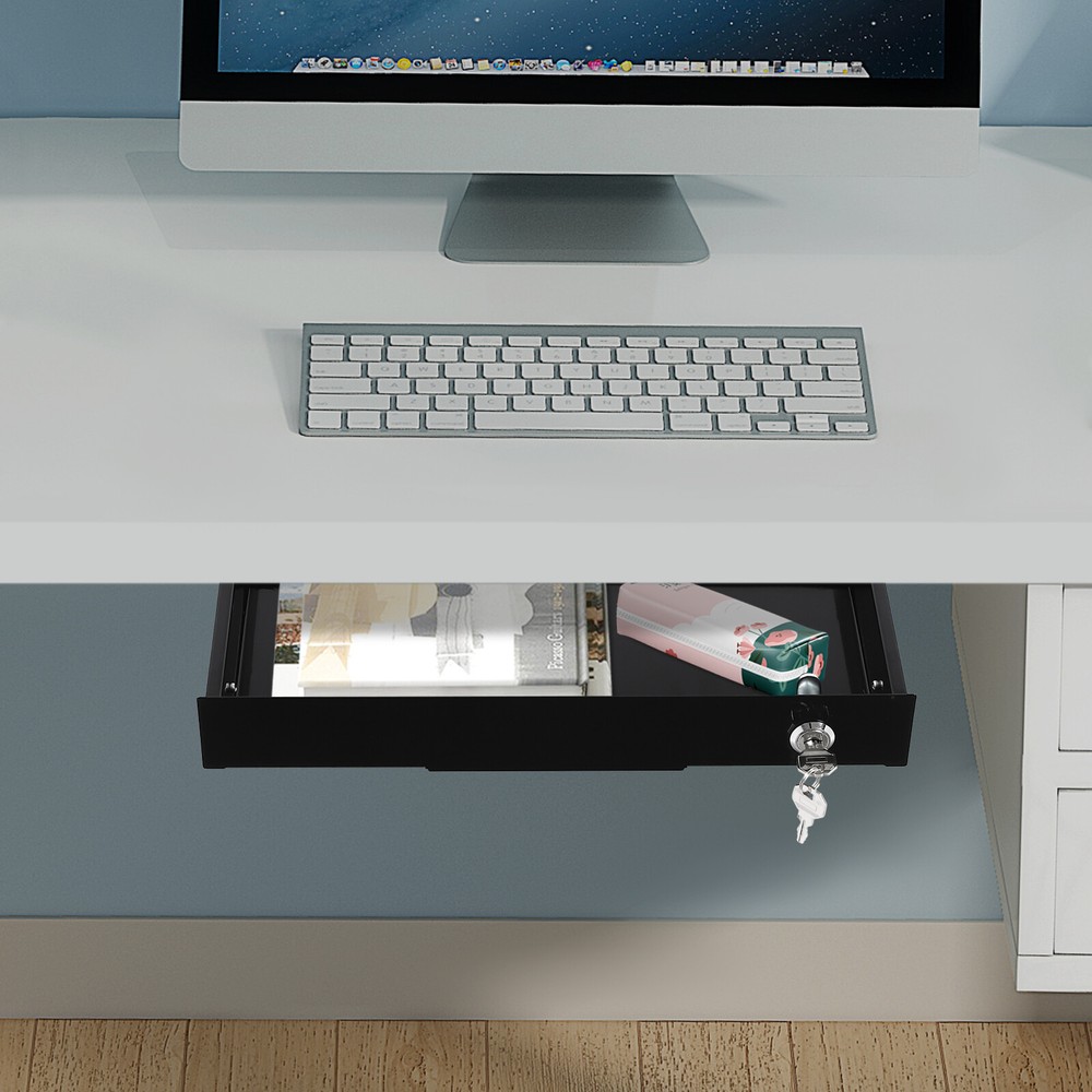 Lockable Compact Under Desk Sliding Drawer Black Metal Pull Out Storage Box