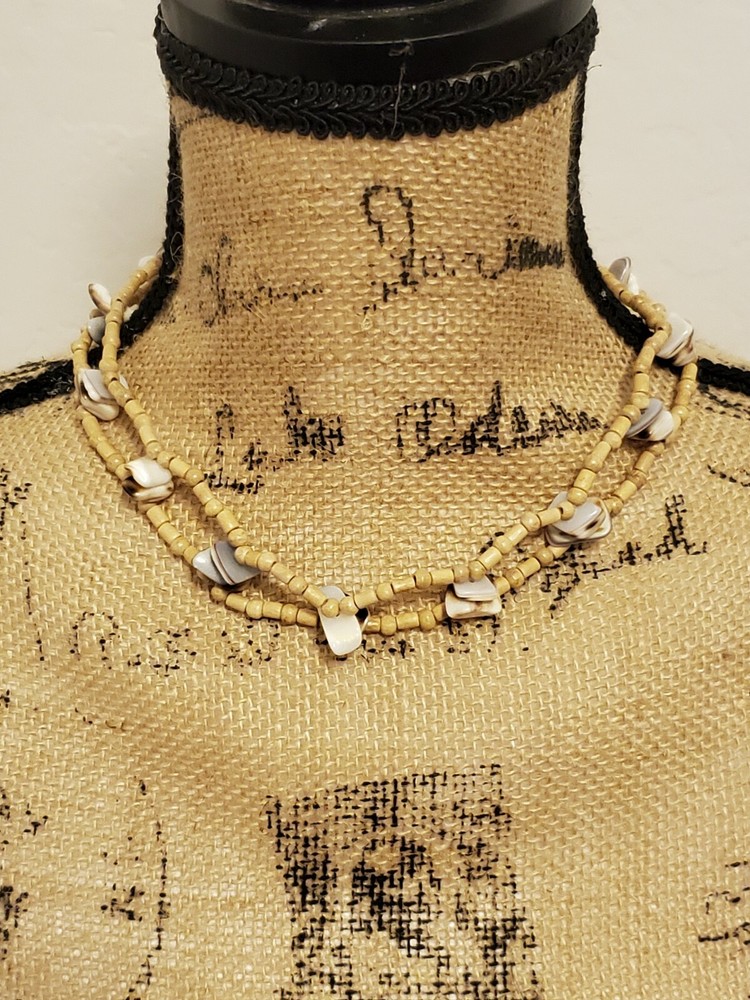 Double Stranded Seashell And Wooden Beaded Necklace