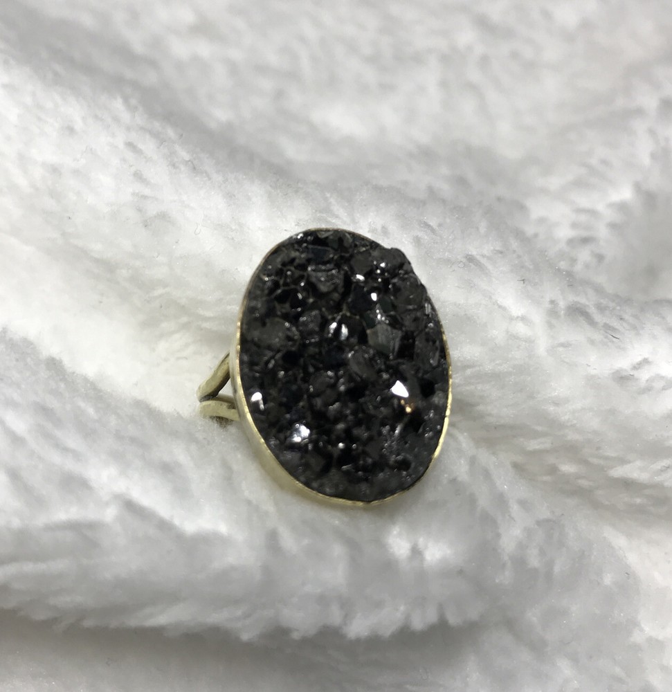 Bixbyite Druzy Gold Tone Black & Gray Adjustable Ring Statement Sparkly Ring