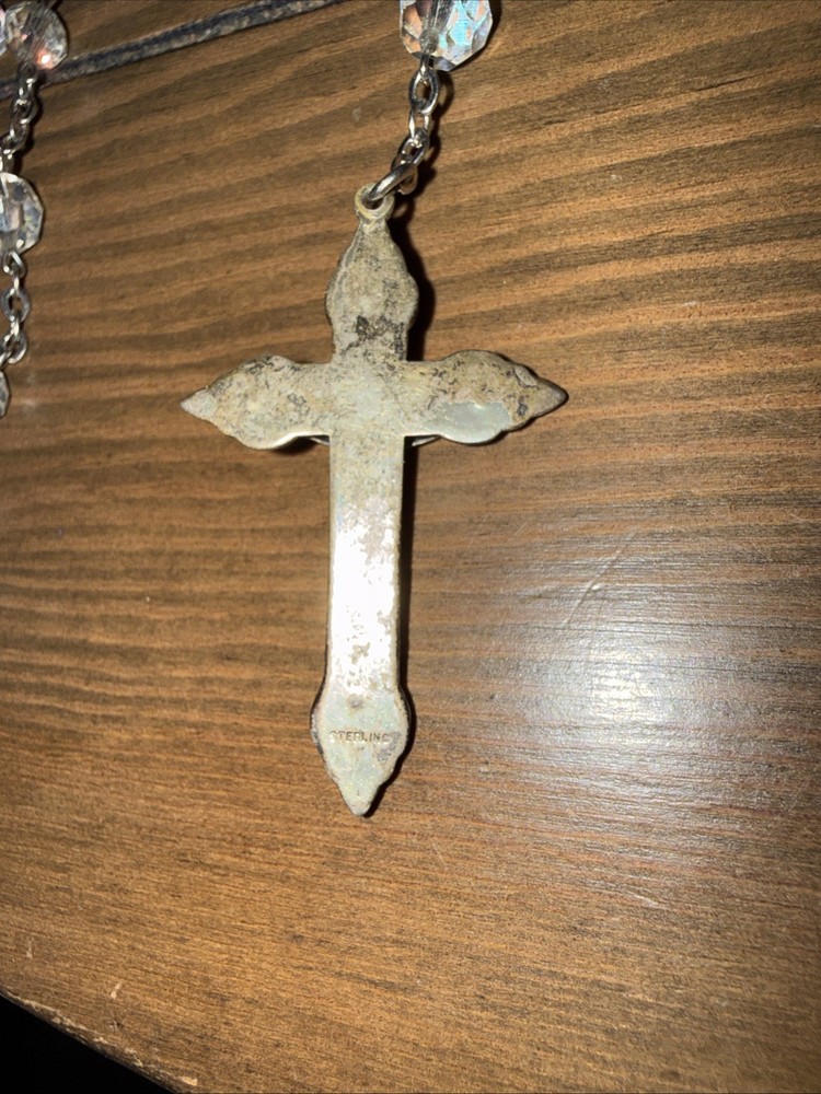 Vintage Rosary Sterling Silver Crucifix/medal/Aurora Borealis crystal/glass
