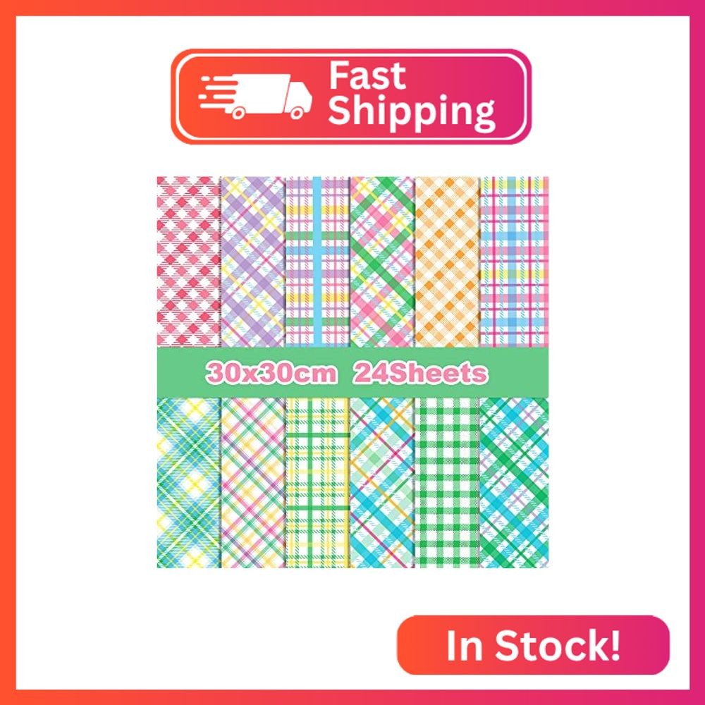 Kauzon Easter Scrapbook Paper - 24 Sheets, 12 Pastel Plaid Patterns, Double-Side