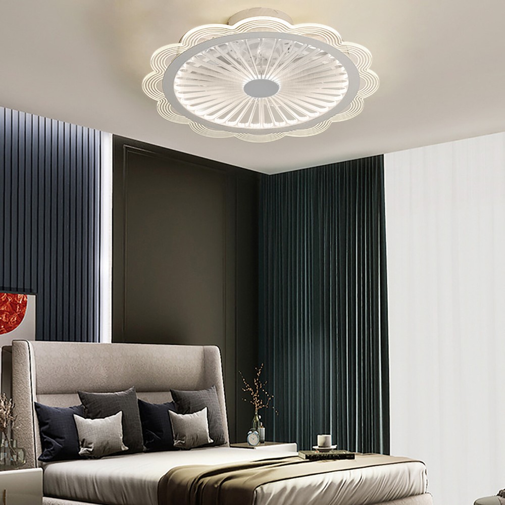 Flush Mount Ceiling Fan Light Dimmable LED Chandelier Fan W/ Remote Control