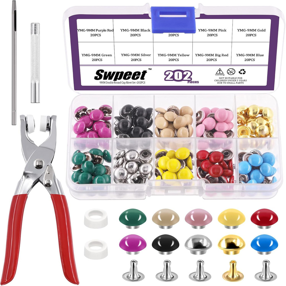 405Pcs 10 Colors 9Mm Double round Cap Leather Rivets with Fixing Tools, Double C