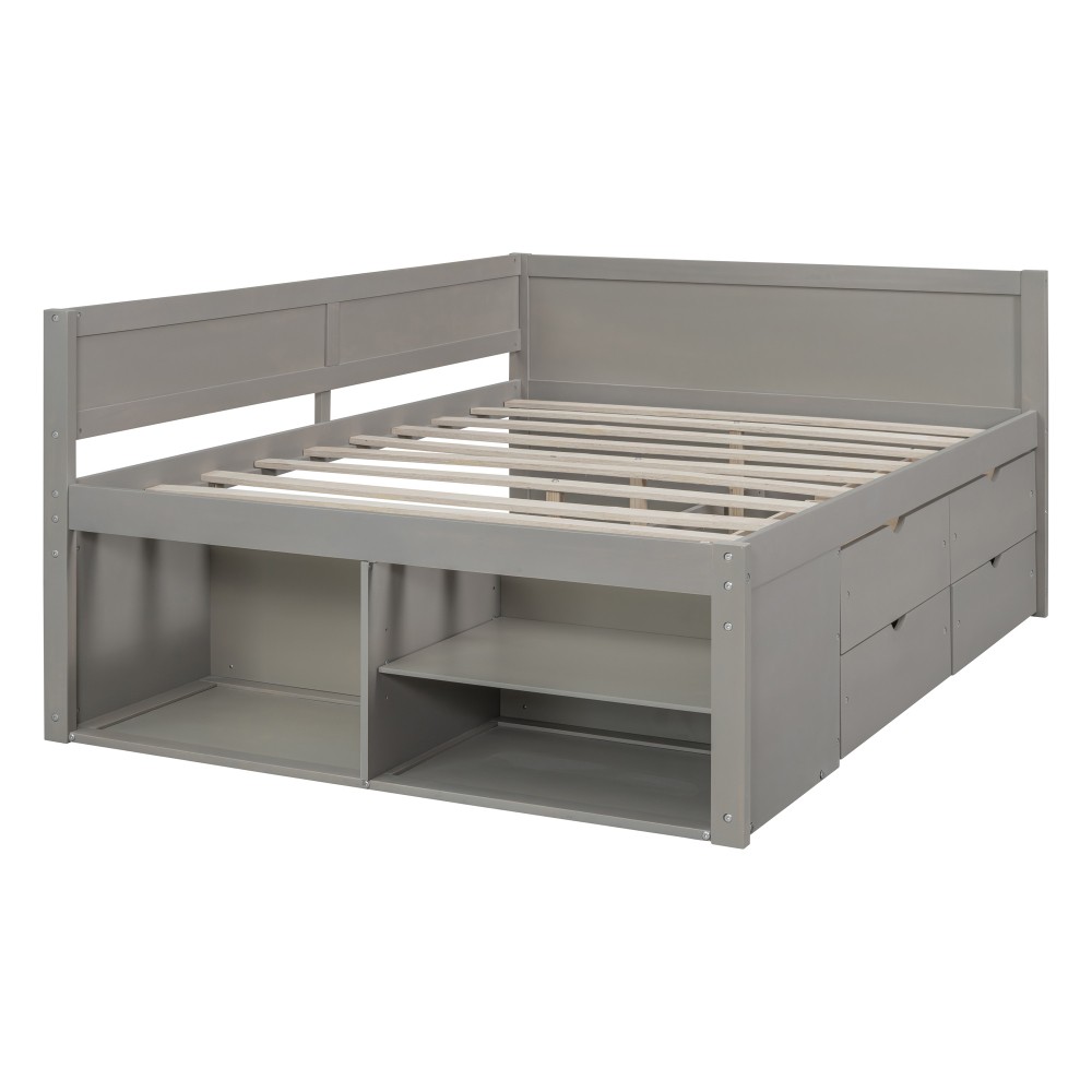 Full Size Daybed w/ Drawers & Shelves, Solid Wood Frame, Gray