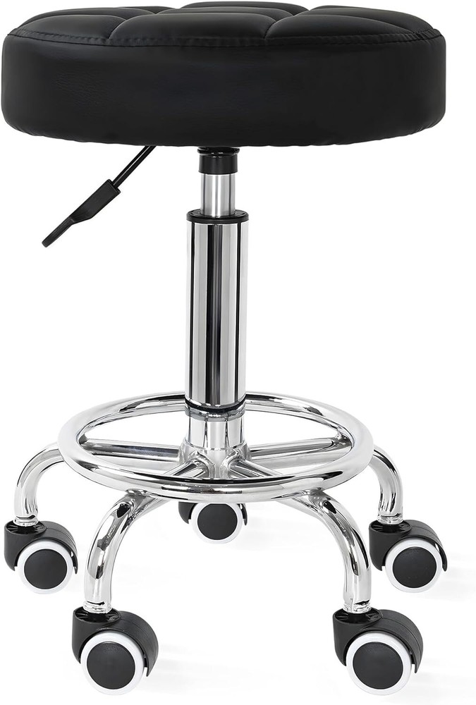 PU Leather Rolling Stool - Height Adjustable Swivel Stool with Foot Rest - Black