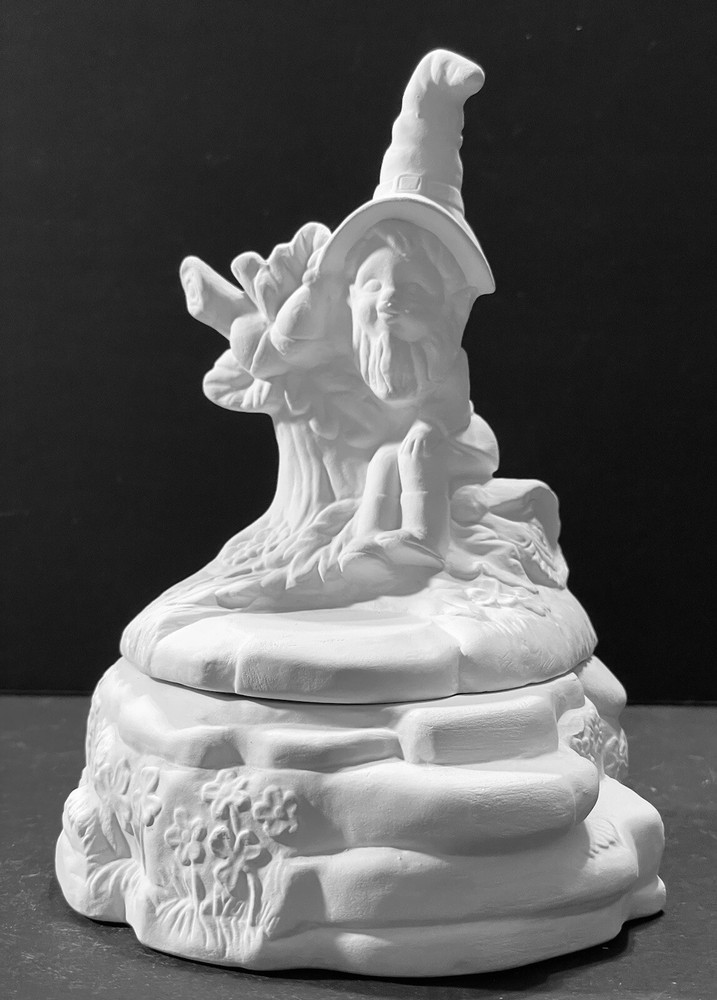 CERAMIC BISQUE READY TO PAINT LEPRECHAUN BOX DISH GLAZED INSIDE CONTAINER 7" H