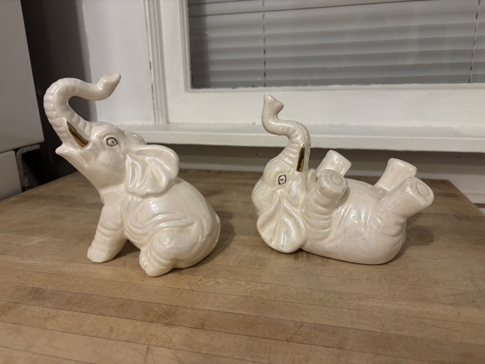 Vtg Lustreware Elephant Figurine 1950's Trunk Up LusterWare Gray & Pink MCM set