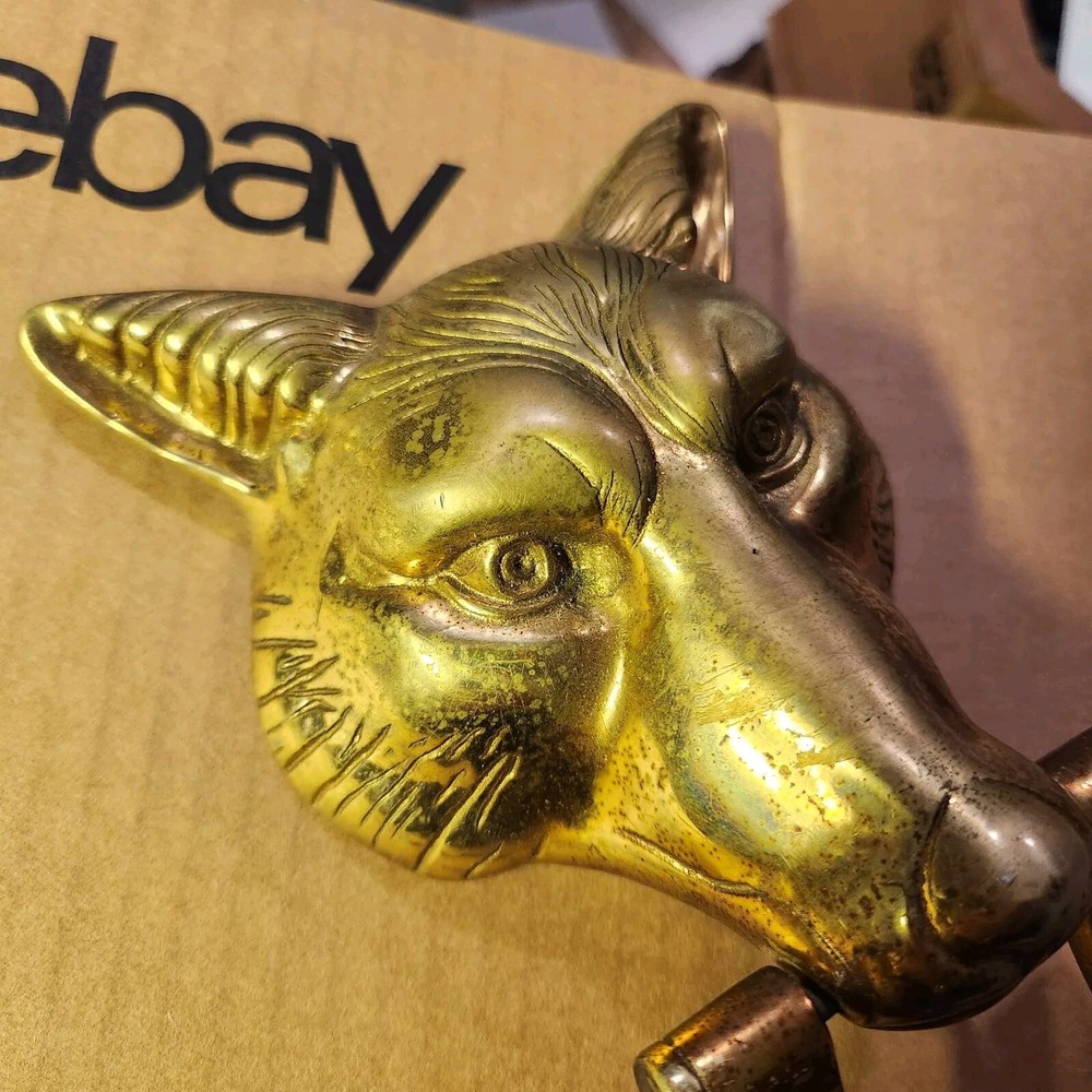 VINTAGE WOLF HEAD BRASS DOOR KNOCKER With Hardware