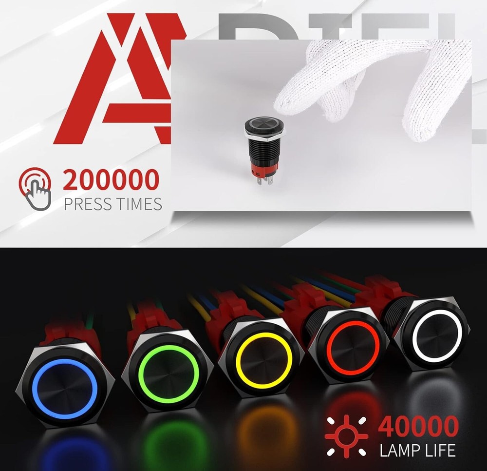 12V Waterproof Latching Push Button Switch - 16mm Size with LED Angel Eye