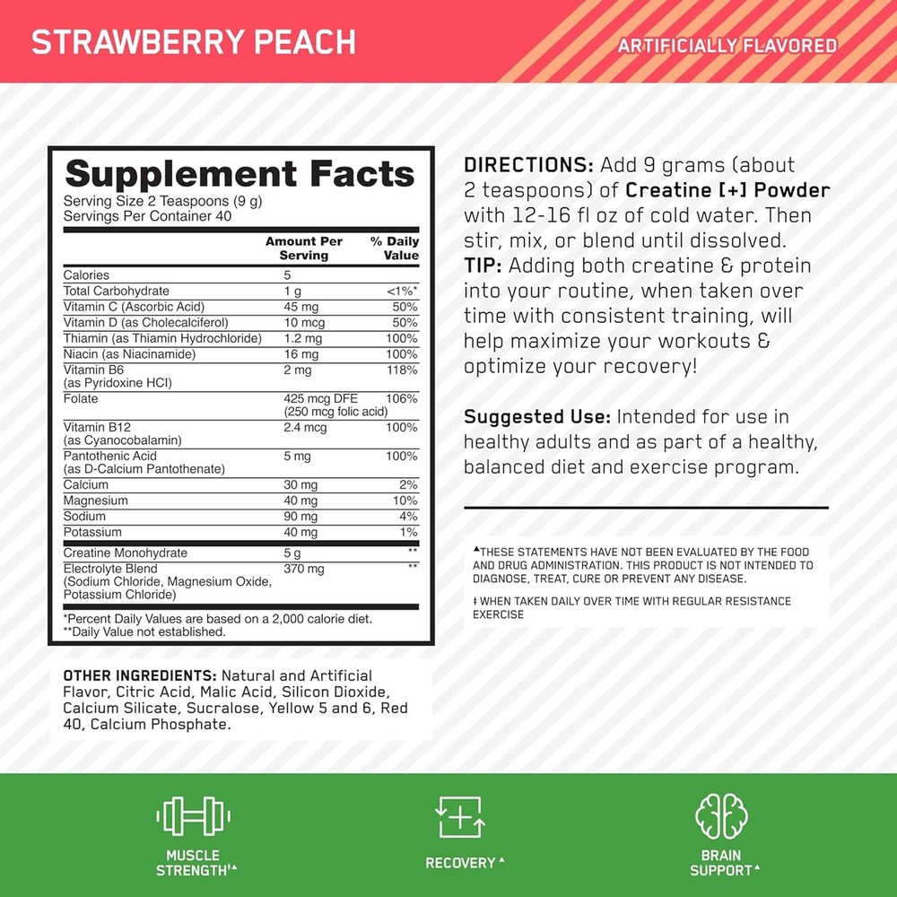 Creatine Monohydrate Plus Powder, Strawberry Peach Flavored Creatine Performa...