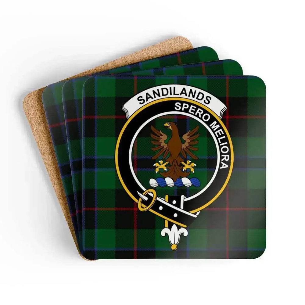 Sandilands Clan Crest Scottish Tartan Coaster Set