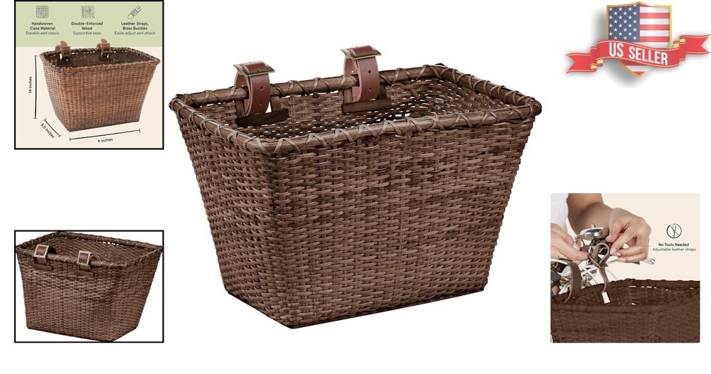 Rectangular Cane Bicycle Basket with Authentic Leather Straps & Brass Buckles