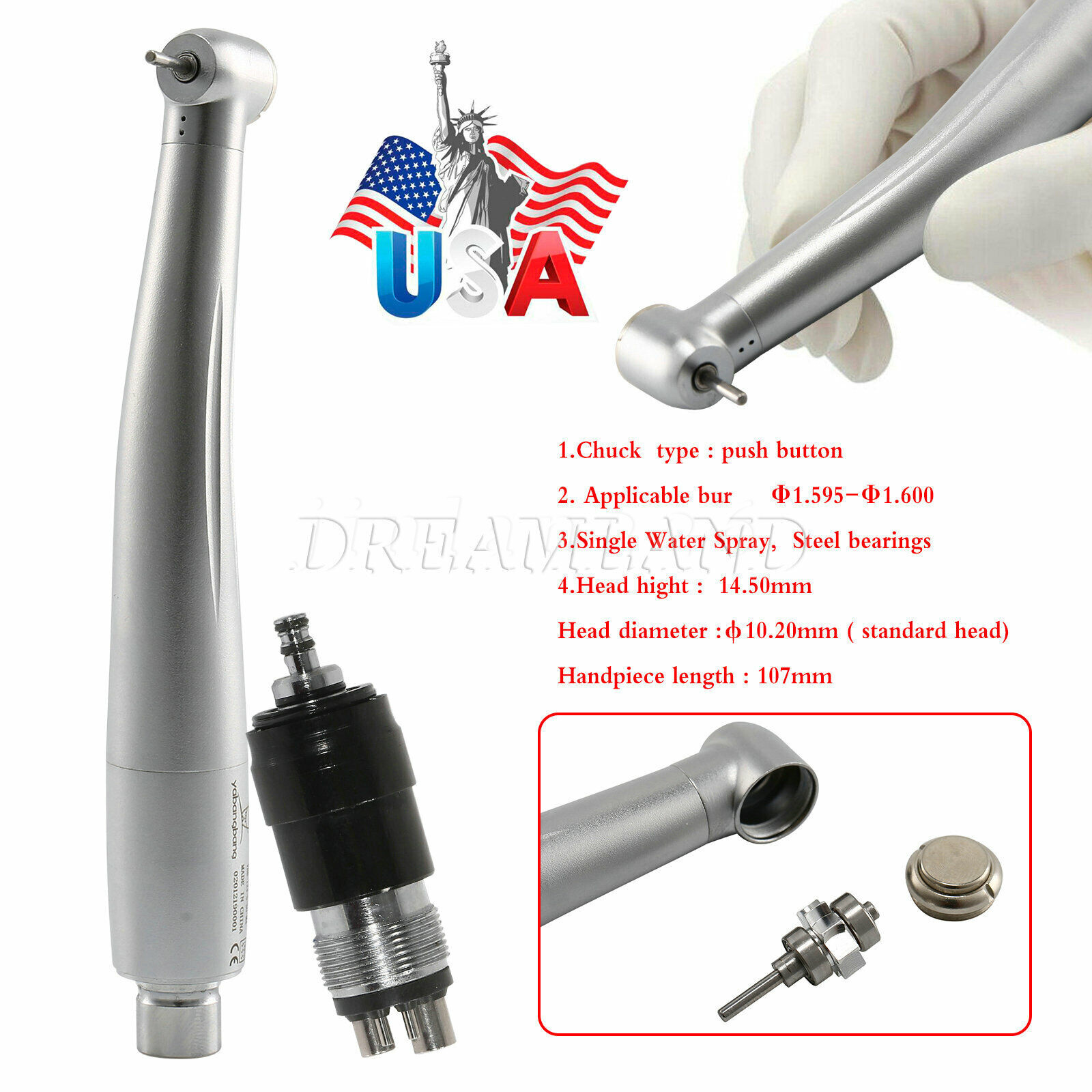 NSK Style Dental High Speed Handpiece Push Button + Quick Coupler Swivel 4 Holes