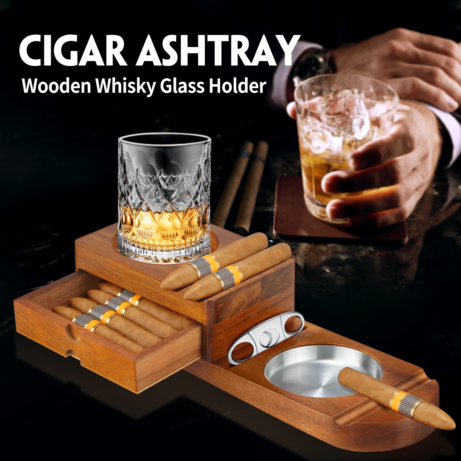 Cigar Ashtray Coaster Whiskey Glass Tray & Wooden Ash Tray