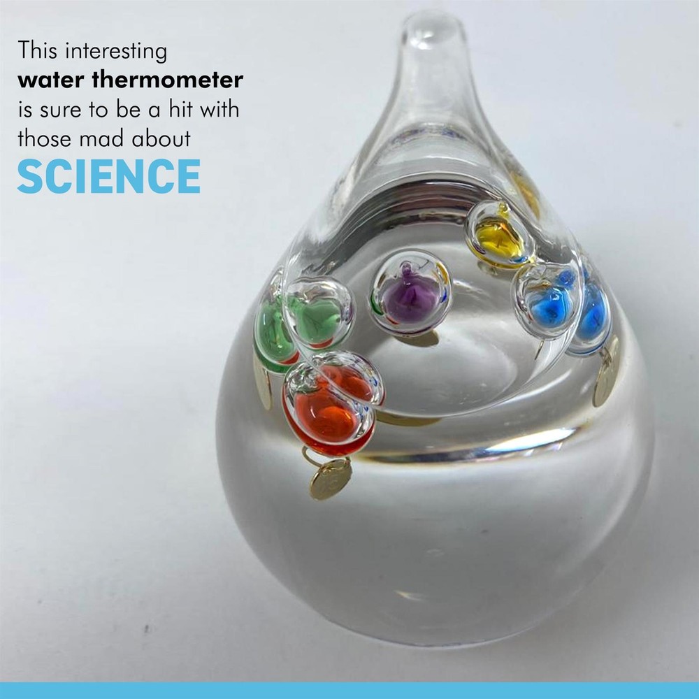 TEAR DROP shaped GALILEO THERMOMETER with five floating globes