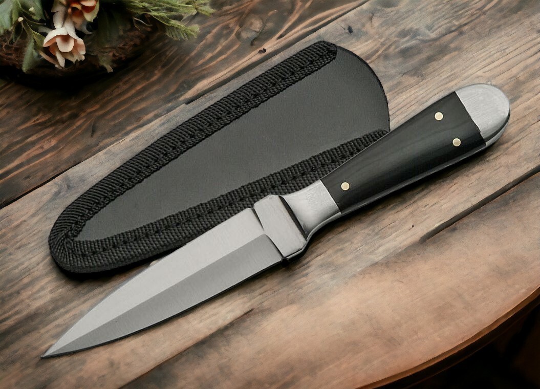 FIXED-BLADE DAGGER KNIFE | 3.5" Double Edge Blade Black Horn Handle + Sheath