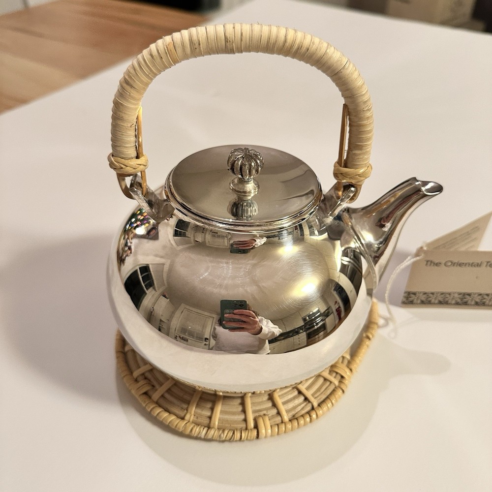 Nos Vintage Newport Gorham Silver-Plated Teapot W/ Bamboo Handle 32 Oz YB 89