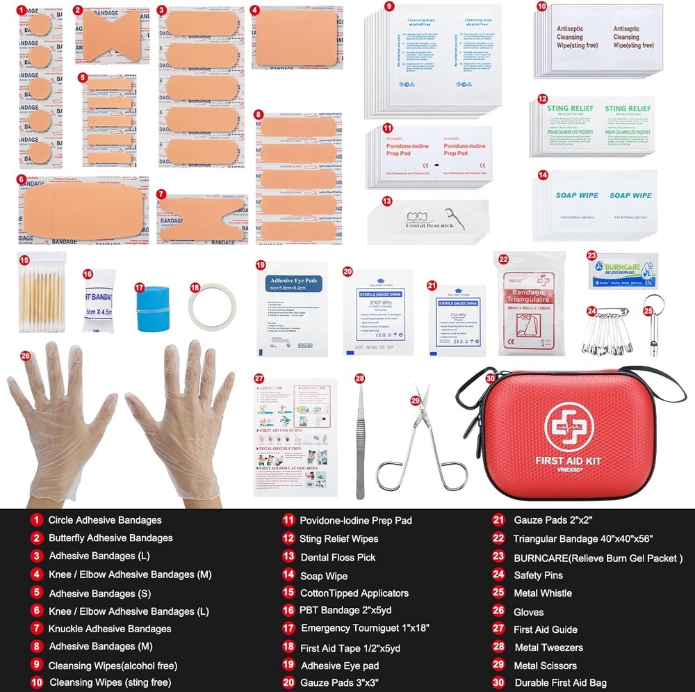 Mini First Aid Kit - 150 Piece Small Waterproof Hard Shell Medical Red