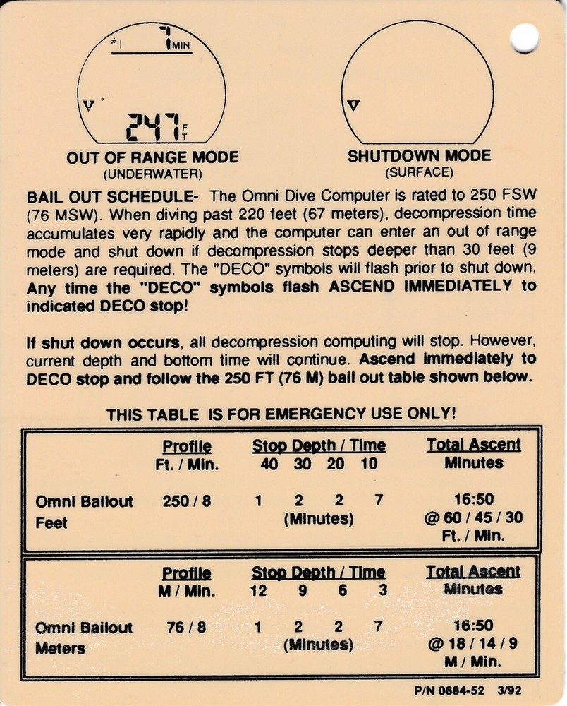 Plastic Dacor Omni Dive Computer Prompt Card SCUBA QUICK START GUIDE