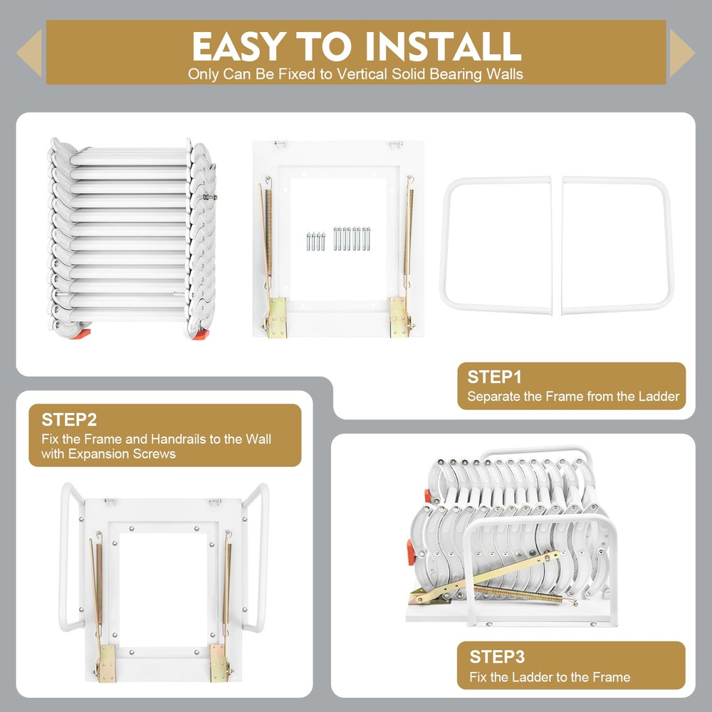 12 Step Wall Mounted Telescoping Loft Ladder Pull Down Folding Attic Stairs