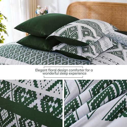 Green Comforter Set Size 7 Pieces,Boho Aztec Comforter with Queen Dark Green