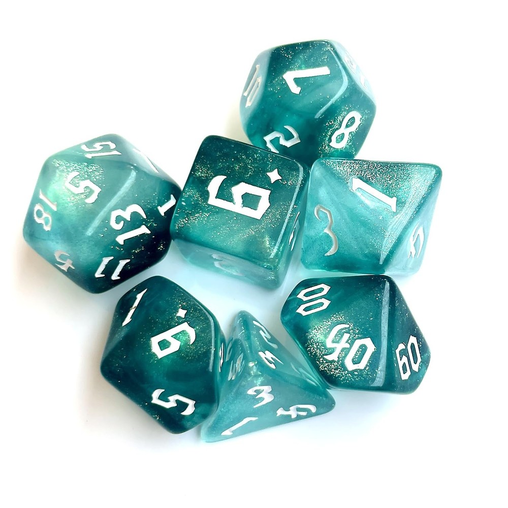 Polyhedral Dice Set, 7-Piece Translucent Teal with Glitter, White Numbers for...
