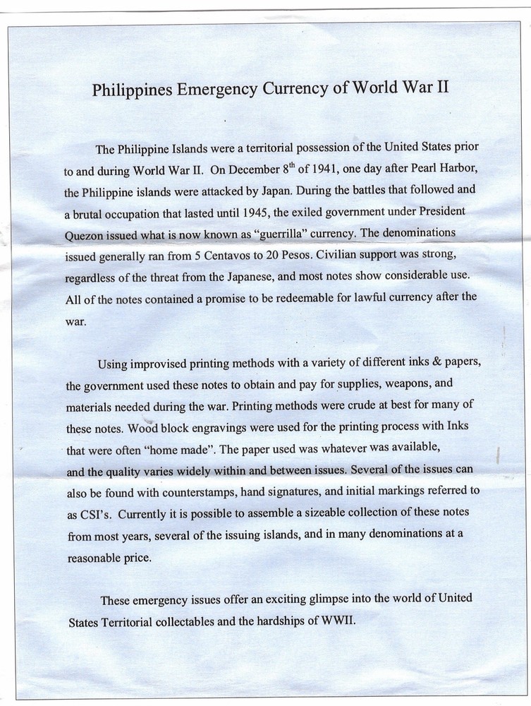 (full Set) 1944 Philippines World War II Guerrilla Issue Notes. (.50 Through 20)