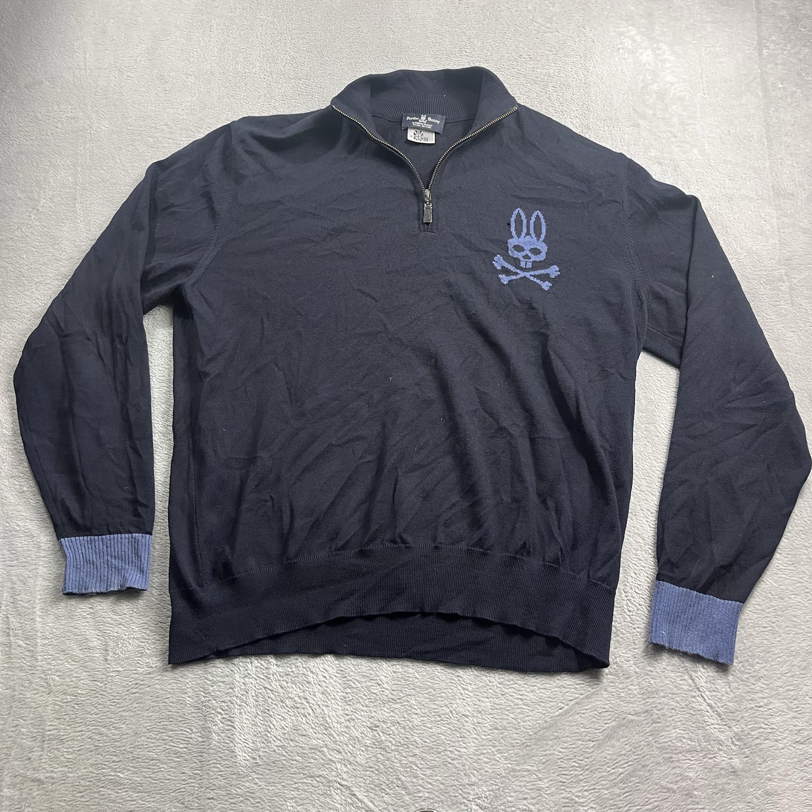 Psycho Bunny Mens XL Merino Wool Quarter Zip Mock Neck Blue Sweater Preppy