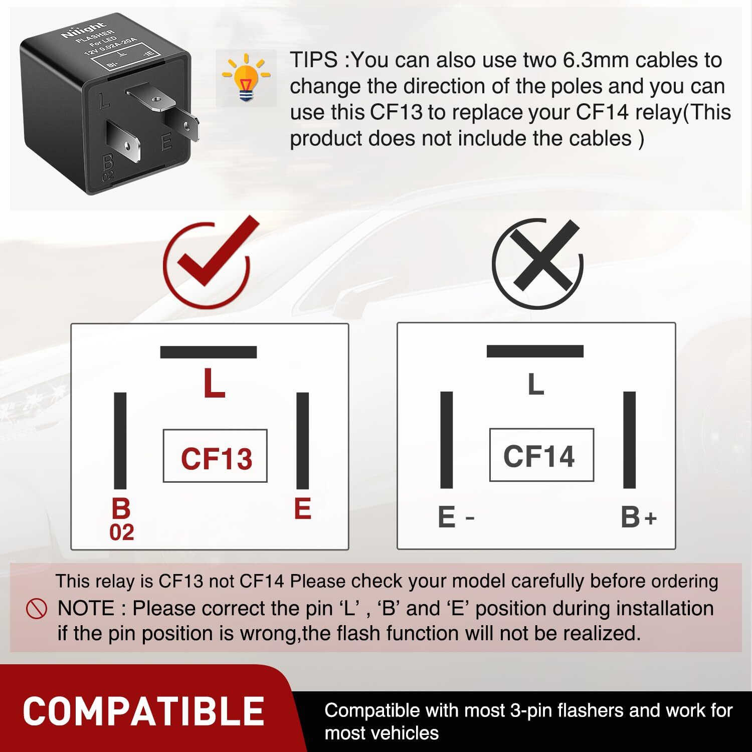Nilight 4PCS Flasher Relay Adjustable 3 Pin CF13 JL-02 Electronic Blinker Relay